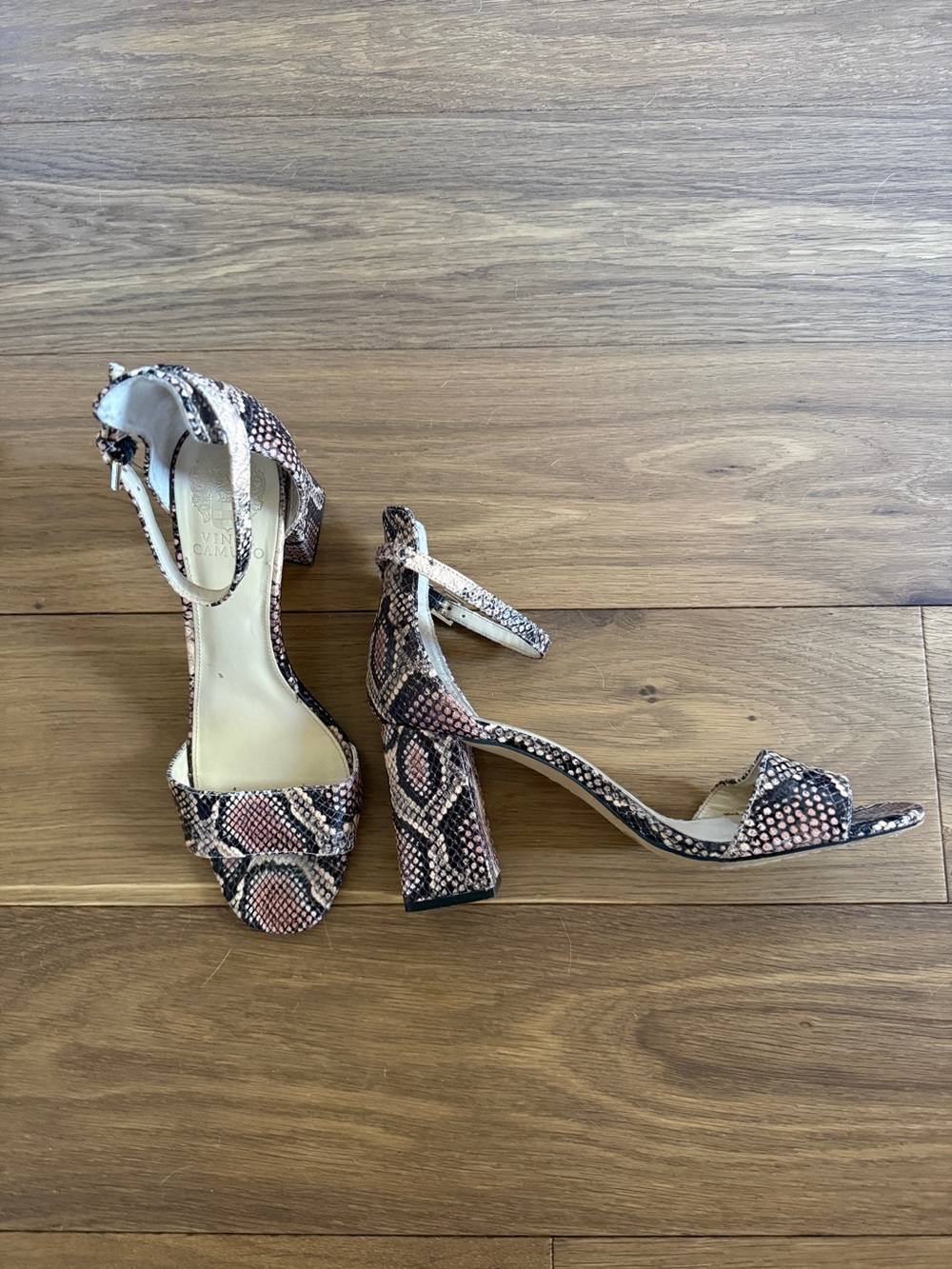 Vince Camuto Snake-Print Block Heel Sandals in Pink and Brown